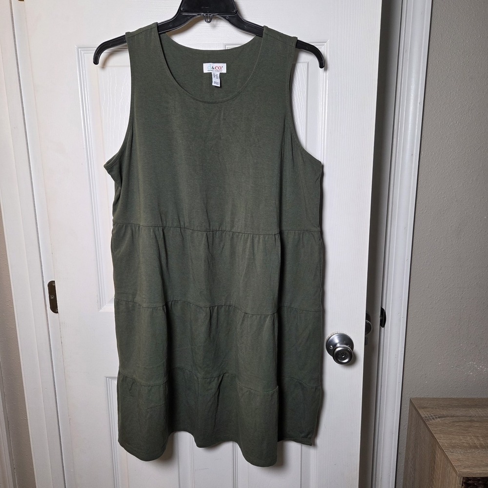 d&co. sz 1X green knee‎ length tiered sundress cotton blend casual summer basic